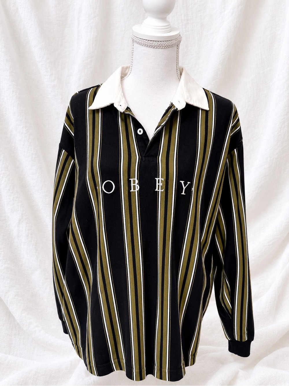 Obey Black and Olive Green Striped Rugby Shirt
